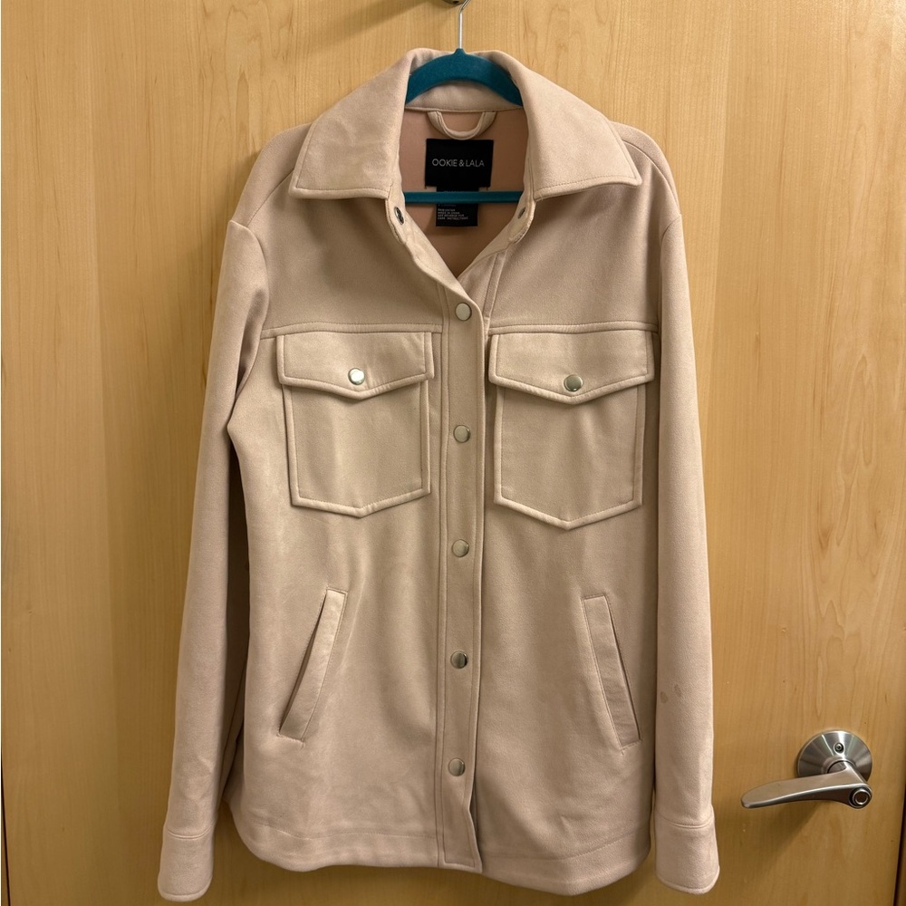 Suede Beige Utility Jacket — Snap-Front Workwear Shirt